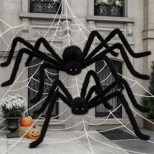 Axinyijia 2 Pièces Araignée Géante Halloween Deco, 75cm + 90cm Araignées Effrayante d'halloween Decoration, Araignée Décorative Noire Velue pour Halloween Exterieur Jardin (75cm+90cm)