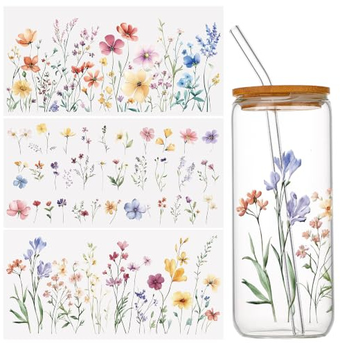 WANDIC 3 Sheets UV DTF Wraps Stickers,Wildflowers Cup Decals Furniture Stickers Waterproof Transfers Window Decals for Glass and DIY Crafts