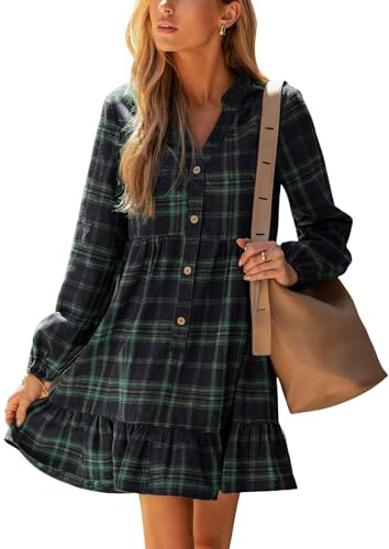 CUPSHE Women Casual Dress Plaid Ruffle Hem V Neck Long Sleeve Button Holiday Tunic Mini Dress Green XL