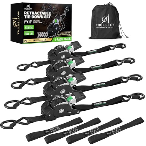 THURSLLON Retractable Ratchet Straps (4-Pack) - 1 Inch x 10 Feet (1,650lb Break Strength) - Auto Self Retracting Tie Down Straps for Truck, Cargo Trailer, Motorcycle, ATV, UTV - Black