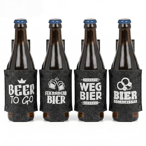 MIJOMA Set di 4 fondine per birra, in feltro, portabottiglie per cintura, portatili, per viaggi, lavoro, escursioni, birra, birra, commissario di birra