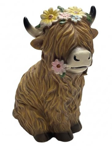 khevga höglandsko dekorativ figur med blommor – handmålad highland cow staty av polyresin – rustik lantlig dekoration för vardagsrum och gåva till koälskare – 20 cm hög av