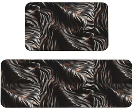 Silver Zebra Print Kitchen Rugs Set of 2, Cushioned Anti-Fatigue Kitchen Mats for Floor, Waterproof Comfort Standing Mat Absorbent Velvet Kitchen Runner Rugs 17x30+17x47