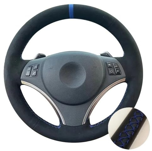 Rattöverdrag För BMW E90 325i 330i 335i E87 120i 130i 120d Rattskydd Svart Mocka Läder(Blue Thread)