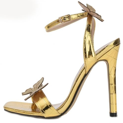 ,Dorado,36 EU,Sandalias tacón aguja mujer punta cuadrada abierta correa tobillo hebilla ajustable detalle mariposa fiesta noche festival boda club