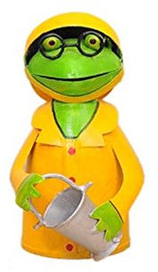 Zaunhocker Metallfigur Metalldeko Frosch Gelb mit Friesennerz Eimer Grau