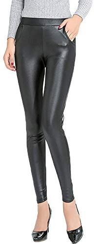Nuofengkudu Mujer Cintura Alta Imitacion Cuero Leggings Bolsillos Tallas Grandes Lisos Largos Vintage Mallas Pantalones Fiesta Club (Negro,3XL)