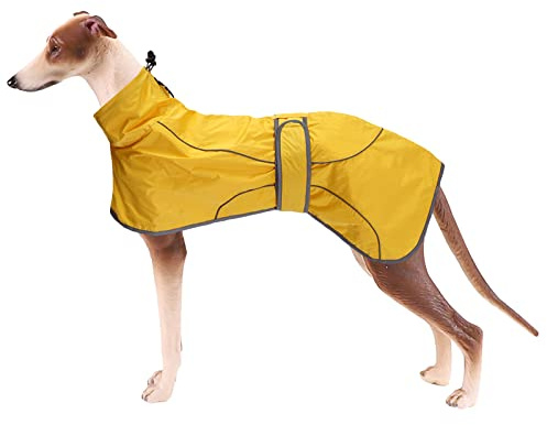 Geyecete Dog Jacket Adjustable Lightweight Raincoat with Reflective Straps and Harness Hole, with Adjustable Bands, Greyhound -Yellow-M