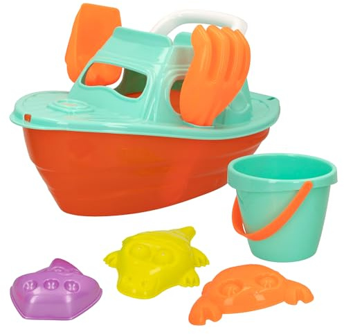 ColorBaby - Juguete de playa para niños, Set de playa, cubo de playa, Ø14 cm, yate, pala, rastrillo, 3 moldes arena, Juguetes de verano, Juguetes de arena, +18 mese, (49263)