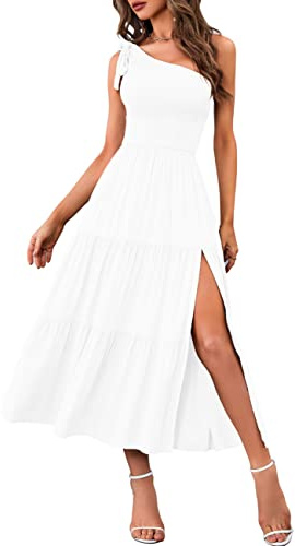 MEROKEETY Women's 2026 Summer Sleeveless Midi Dress One Shoulder Knot Smocked Split Formal Cocktail Wedding Guest Dresses, White, L