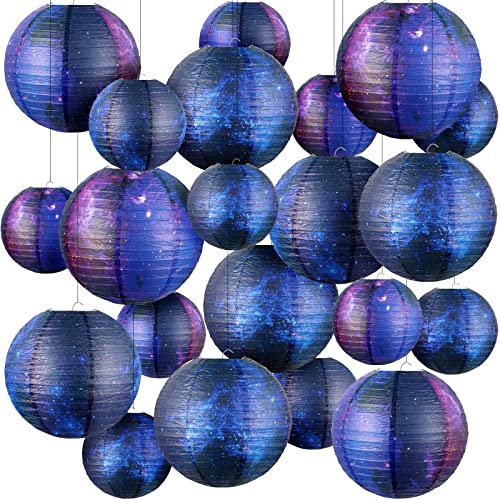 Hortsun 20 Pieces Galaxy Print Paper Lanterns Chinese Japanese Lanterns Space Themed Hanging Paper decoration Ceiling Decor Galaxy Themed Party Supplies for Home Birthday Party, 12 Inch and 6 Inch