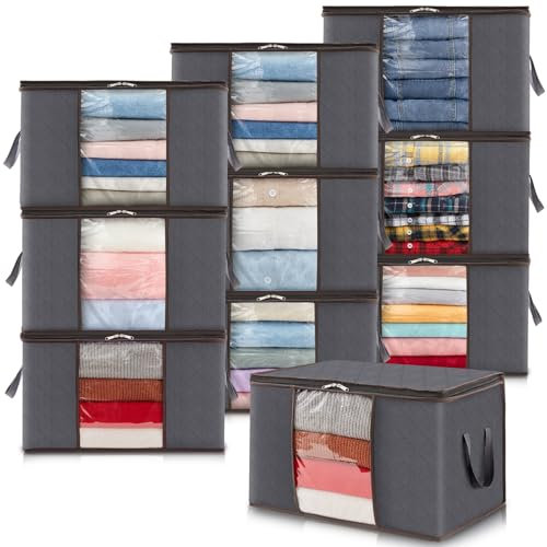 Lifewit 10 Stück Aufbewahrungstasche, Aufbewahrungsbox mit Deckel, Kleiderschrank Organizer Faltbare Kleideraufbewahrung Umzugskartons mit Verstärkt Griff für Bettdecken Kleidung Decke, Grau