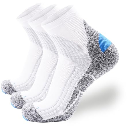 Tactia Full Cushion Compression Socks Men, Coolmax Anti-Blister Padded Heel, Moisture Wicking Cushioned Quarter Socks for Tennis Golf Hiking Work (3 Pairs, 8-11, White)