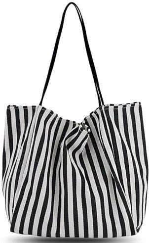 Torytoe Handtasche Damen Tote Bag Shopper Groß Umhängetasche Tasche Schwarz Gestreift Canvas Beuteltasche Stofftasche Handtasche Schultertaschen für Arbeit Büro Reisen Einkaufen Schule und Alltag