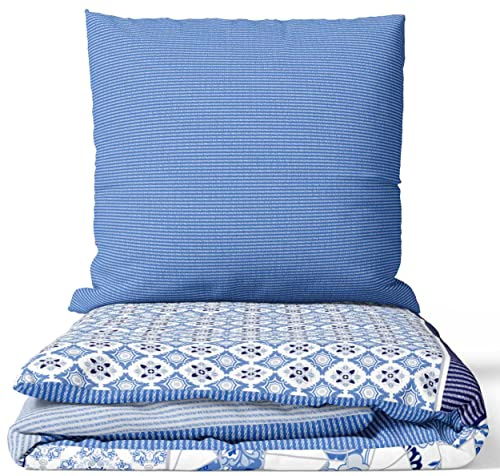 Leonado Vicenti Bettwäsche 100% Baumwolle Set Blau Weiss Paisley Muster 155x200 Bettbezug Kissenbezug mit Reissverschluss