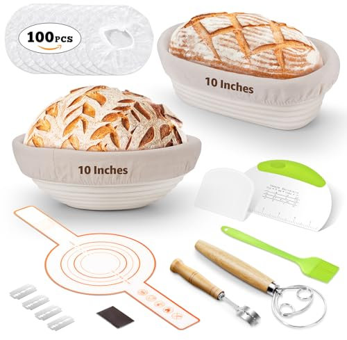 REMEIT Sourdough Starter Kit, 10Banneton Bread Proofing Basket Oval Round Banneton Basket Set Sourdough Bread Baking Supplies with Proofing Cover, Bread Making Tools, Rattan Bread Proofing Basket