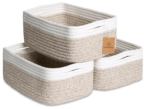 NaturalCozy 11.8x8x4.5” Storage Baskets for Shelves 3 Pack | Cotton Rope Woven Small Baskets for Organizing | Small Storage Bins for Nursery, Bathroom, Closet, Cube Shelf, Decorative, Gift Basket