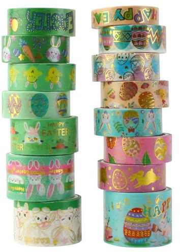Fyfjur 15 Rollen Washi Tape Ostern, Ostern Washi Tape Set Selbstklebendes, 5 Größen Hasen Karotten Osterei Washi Tape Kinder, Deko Klebeband für DIY Handwerk, Verpackung Ostern, Scrapbooking, Geschenk