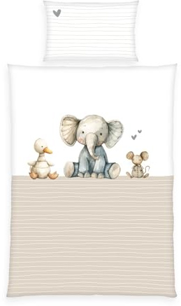 Herding babybest Set biancheria da letto per neonati, Cuddle Crew, motivo reversibile, copripiumino 100x135 cm, federa 40x60 cm, con risvolto e cerniera, 100% cotone/renforcé, bianco/beige