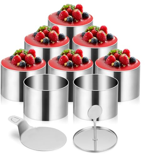FARYODI Anillos de postre, 8 unidades, mini anillos de comida de 7,5 cm de diámetro, con 8 anillos, elevador y apisonador, anillo pequeño para servir tartas, molde para hornear magdalenas