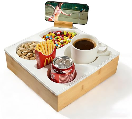 VINATO Bandeja Organizadora para Sofá, con Soporte Giratorio 360° y Portavasos, de Bambú y Silicona, Bandeja de Playa de Silicona