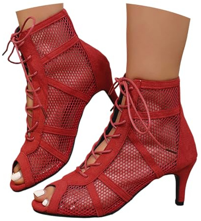 Chaussures de danse pour femme - Escarpins de danse sexy en maille latine - Bottines à lacets - Sandales avec bouche de poisson - Chaussures de danse - Sandales hautes - Bottines, 006 rouge, 42 EU