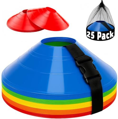 25 Pack Football Cones Space Markers for Training - Flexible Multi Coloured Agility Marker Disc Cones with Carry Bag and Holder - Sports Equipment for Soccer, Rugby, Kids PE, Dog Obstacle Course