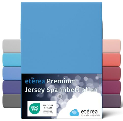 etérea Premium Spannbettlaken 90x200cm - 100x200cm Hellblau – extra Jersey Spannbetttuch bis 25cm Höhe – 160 g/m² gekämmte Baumwolle – Boxspring & Normale Bettlaken