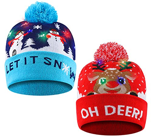 SHOKAN Christmas Hat, 2 Pack LED Christmas Cap Light-Up Knitted Hat Colorful Glowing Christmas Hat for Holiday Party Favors with Kids & Adults, 24×20cm