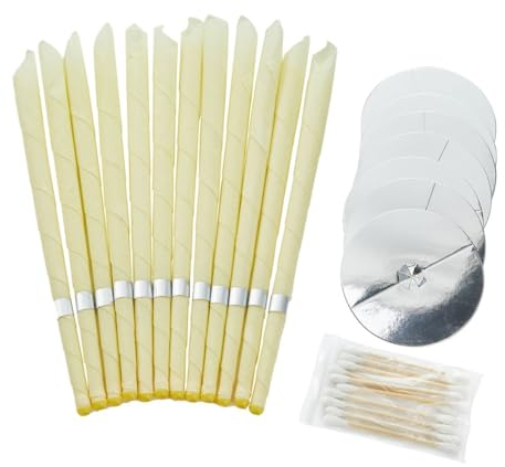 Rimiko Ohrkerzen Set 12 Stück Natürliche Bio-Bienenwachs, Ohrenkerzen zur Reinigung Ohrenreinigung und Entfernung von Ohrenschmalz, Inklusive Schutzscheiben und Wattestäbchen