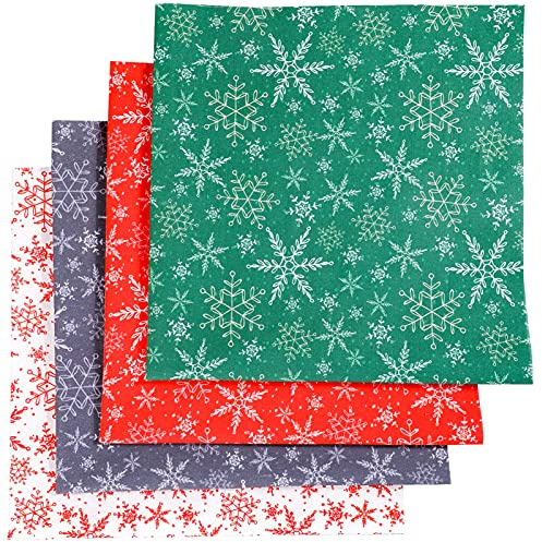 Qpout 4 pcs Christmas Cotton Linen Fabric Patchwork, 50x50 cm Four-Colour Snowflake Pattern Xmas Quilting Craft Fabric Bundles, Snowflake Christmas Squares Patchwork for DIY Sewing