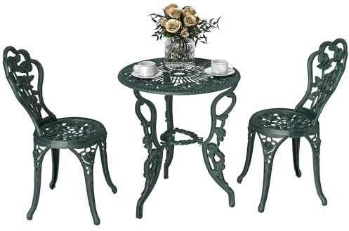 Outsunny Ensemble Salon de Jardin 2 Places 2 chaises + Table Ronde Style néo-rétro Motif Rose Lignes fuselées Fonte d'aluminium Vert Vieilli