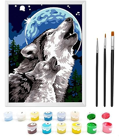 Zimrobin Pinta por números para niños de 6 a 12 años con cartón preimpreso, 12 macetas de pintura acrílica vibrante, un marco y 3 pinceles de pintura (el lobo y la luna)