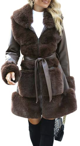Giolshon Femmes Faux Cuir Veste De Fourrure Longue Ceinture À Capuche Moto Parka Manteau Épaissir Sherpa Polaire Outwear 241 Café M