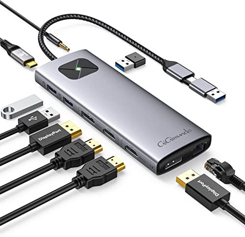 GiGimundo LK10 DisplayLink Docking Station Dual Monitor 4K 60Hz für M1/M2/M3 MacBook Air/Pro, Tragbarer DisplayLink Adapter mit 3xUSB3.2 Port, 2xHDMI, 2xDP, PD100W, Ethernet, Audio, Grau