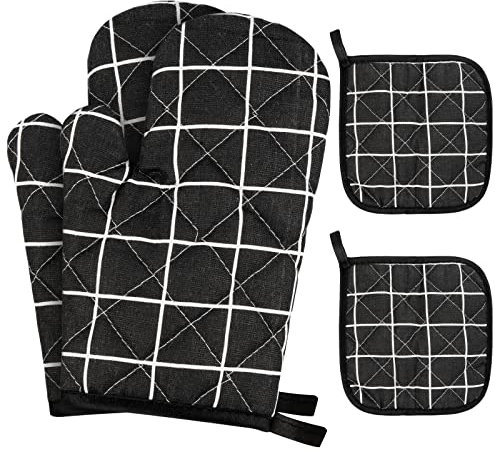 Gants de Four avec 2 maniques, Gants de Four et maniques, Gants de Cuisine antidérapants pour la Cuisson, la pâtisserie, Le Barbecue - Noir