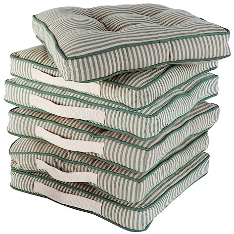 Dibor Dining Chair Seat Pad Set of 6 Sage Green Striped Chair Cushions | Machine Washable, Handles, 100% Recycled Cotton, Recycled Polyester Filling