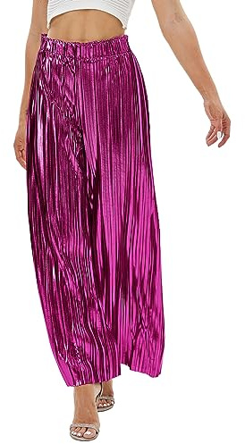 Fakanhui Pantalon Palazzo Femme à Jambes Larges Métalliques Or Argent Décontracté Soirée Party Robe de Club, rose, Taille M