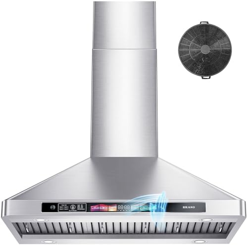 BRANO 30 Inch Wall Mount Range Hood 900 CFM with Voice/Gesture/Touch Control, Stainless Steel Vent Hood with 4 Speed, 4 Adjustable Lights, Ducted/Ductless Convertible