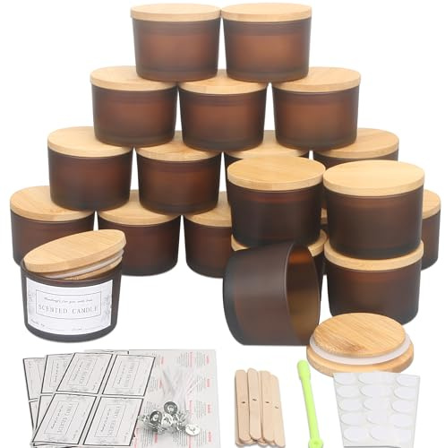 MILIVIXAY Set di 20 barattoli per candele in vetro ambrato ghiacciato da 113,4 g con coperchi e kit per la produzione di candele – Piccoli contenitori vuoti per la produzione di candele – Contenitori
