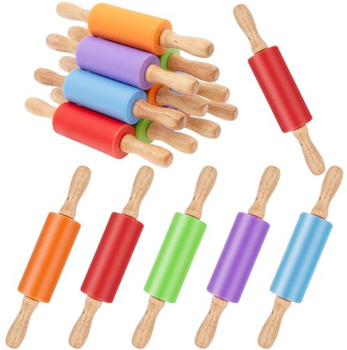 10Pcs Small Rolling Pin, 23cm Silicone Rolling Pins Wooden Rolling Pins Non Stick Mini Baking Pin with Wooden Handle for Home Kitchen(5 Colors)