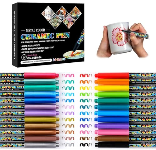 RANJIMA Porzellanstifte Spülmaschinenfest 24 Farben, Keramik Stifte zum Bemalen Set Wasserfester Glasmalstifte Keramikstifte für Zeichnungsmuster und Designkreationen auf Porzellan Tassen und Glas