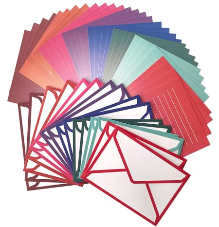 CZAKOMIX 48 Stücke Briefpapier Mit Umschlag(32 Briefpapier + 16 Umschläge), Weiße Briefumschläge mit Bunt Rand, Geschenkkarten-Umschläge, Bunte Briefumschläge, für Einladungen, Hochzeit, Party