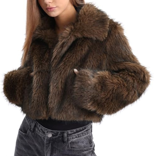 Amazhiyu Women's Faux Fur Cropped Coat Winter Open-front Long Sleeve Jackets Warm Coffee, Large