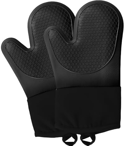 Silicone Oven Gloves Heat Resistant Black,Non Slip Silicone Oven Mitts Waterproof Kitchen Gloves with Extra-long Cotton Lining Sleeve for Baking Cooking Barbecue Grilling Microwave