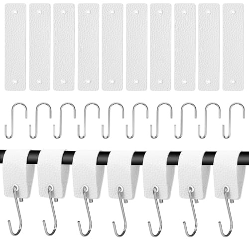 10 PcsGanchos en Forma de S, Ganchos para Colgar Ropa, Gancho en S de Acero Inox con Lazo de Cuero, Ganchos en S de Cuero para Colgar Perchero Armario Cocina Baño Jardín Oficina Camping(Blanco)