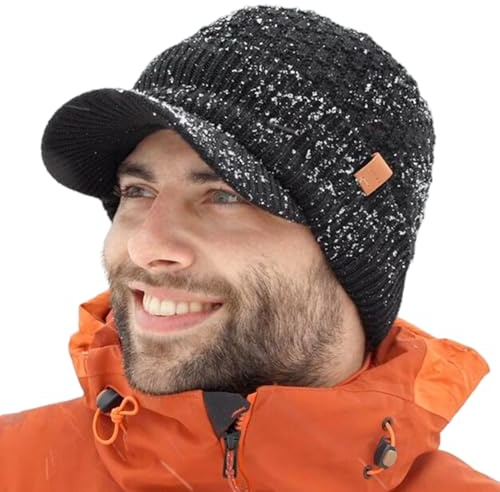 TOP-EX DryKnit™ Merino Wool Waterproof Peaked Beanie Hat Men Women, Fleece Lined Thermal Wooly Winter Caps Cold Weather Big Head Extra Large Black XL/XXL
