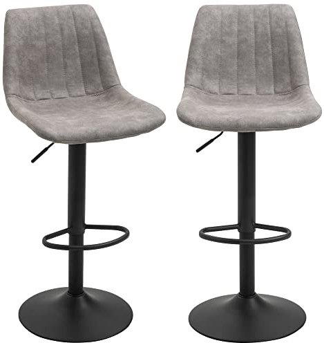 HOMCOM Barhocker 2er Set, Gepolstert Barstuhl mit Metallgestell, Lehne, Höhenverstellbar Küchenstühle mit Fußstütze, 360° Drehbar, Tresenhocker für Küche, Wohnzimmer, Esszimmer, Mikrofasertuch, Grau