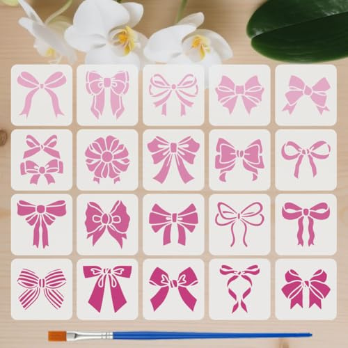 FINGERINSPIRE 20 Pz Stencil per Pittura a Fiocco con Pennello 10x10cm Stencil a Fiocco Modello a Fiocco in 20 Stili Stencils in Plastica Riutilizzabile per Artigianato Fai da Te, Decorazioni Murali