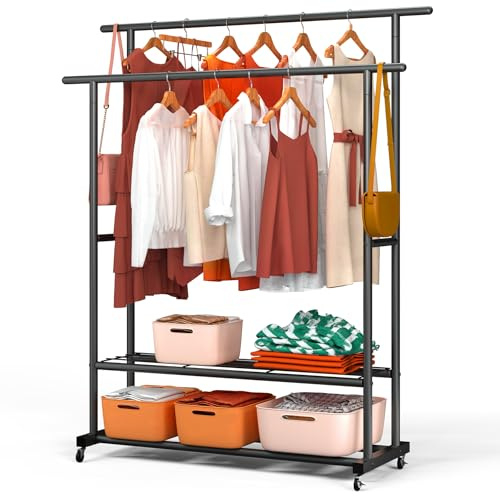 vounot® Portant à Vêtements Double Tringle en Métal avec Roulettes Penderie Vêtement Étagères avec 2 Étagères de Rangement Pour Entrée Chambre et Dressing 120x40x146cm Noir